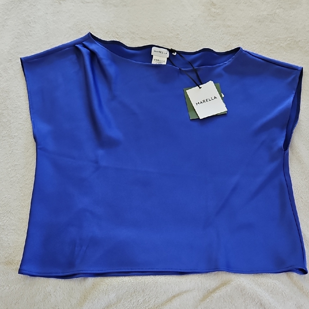 NWT MARELLA Women's Asymmetric Boat Neck Top:Color-Cornflower Blue: Size- 14 - Picture 3 of 16